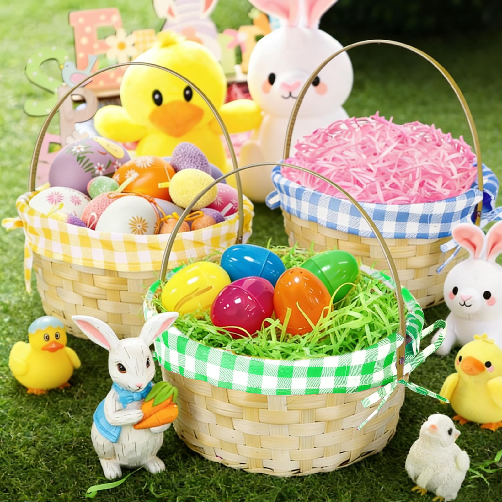 3 Easter Baskets With Plaid Lining And Handle Bunny Gifts For Egg Hunt  Party Filling Favors Spring Outdoor Activity Prizes