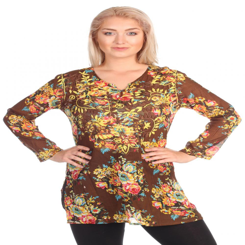 Sol Clothing Women’s Casual Floral Print Hand Embroidered Semi Tunic ...