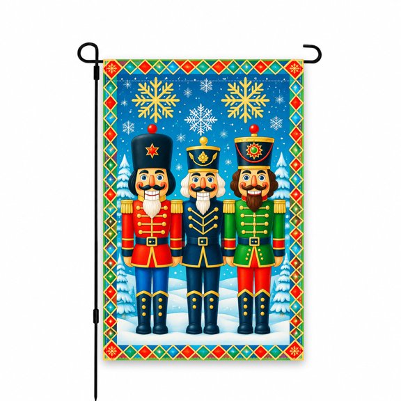 Nutcracker Garden Flag 12 x 18 Inch - Colorful Christmas Soldier Theme with Snowflakes - Festive Outdoor Decor for Yard, Lawn, Patio, or Porch