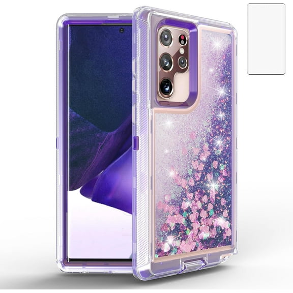 Phone Case for Samsung Galaxy S22 Ultra 5G with Screen Protector Bling Liquid Glitter Clear Hybrid Military Grade Protective Heavy Duty Cell Cover S22ultra 22S S 22 S22ultra5g 6.8 Girls Purple