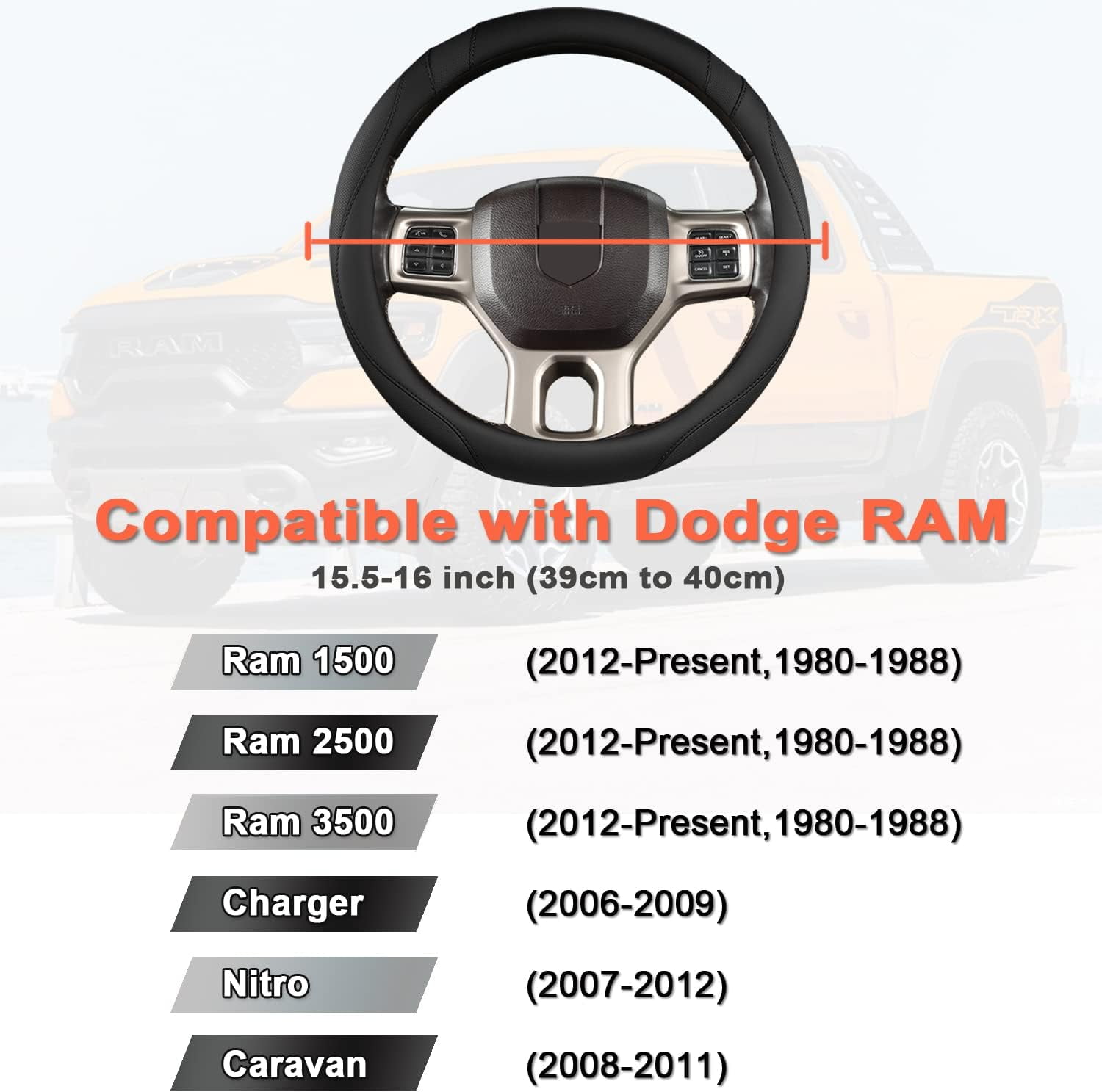 HEKAPAS Customized Auto Car Steering Wheel Cover for Dodge RAM 1500 2500 3500, 15.5-16 inch Black Large Size Leather Truck Interior Accessories