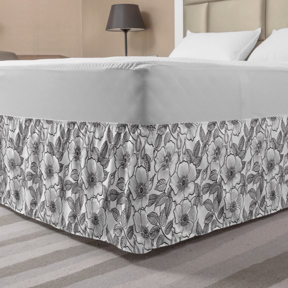 White Bed Skirt, Nostalgic Floral Repetition with Sketchy Budding and Blossoming Flowers, Elastic Bedskirt Dust Ruffle Wrap Around for Bedding Decor, 4 Sizes, Charcoal Grey and White, by Ambesonne