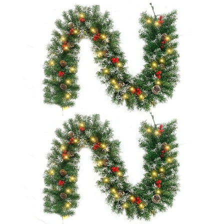 2 Pcs 6ft Pre-Lit Christmas Garland, with 40 Waterproof LED Light and Pine Cones and Berries, Battery Operated Garland 200 Branches Christmas Decoration for Xmas Holiday & Party