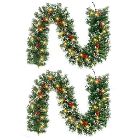 2 Pcs 6ft Pre-Lit Christmas Garland, with 40 Waterproof LED Light and Pine Cones and Berries, Battery Operated Garland 200 Branches Christmas Decoration for Xmas Holiday & Party