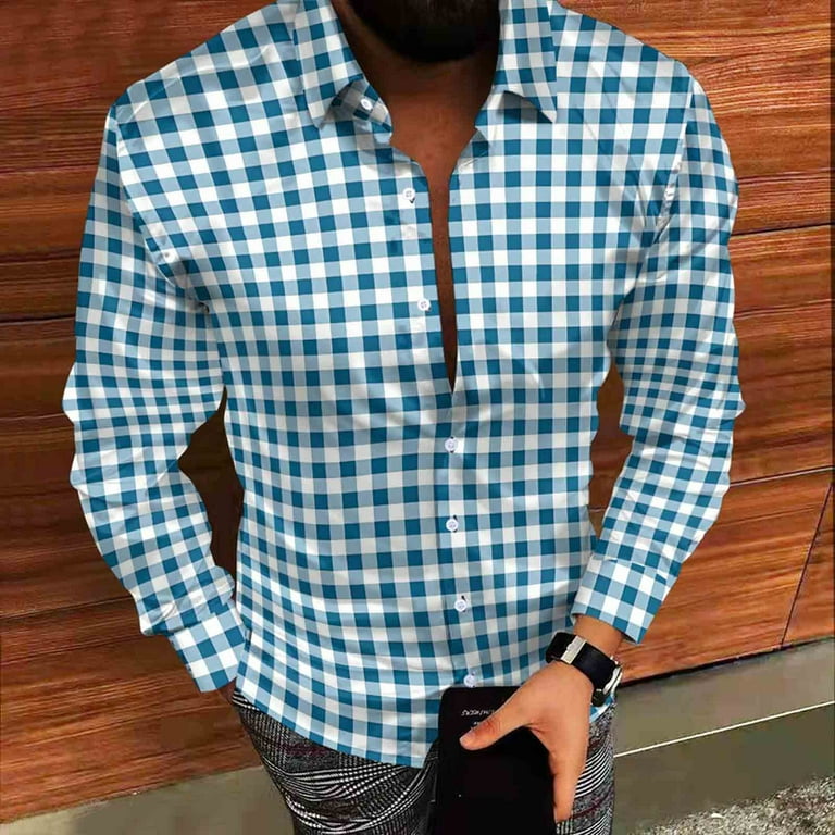 MELDVDIB Button Down Plaid Shirts for Men Long Sleeve Slim Transitional  Weather Dress Shirt Travel Business Comfy Blouse Tops Sky Blue 2XL