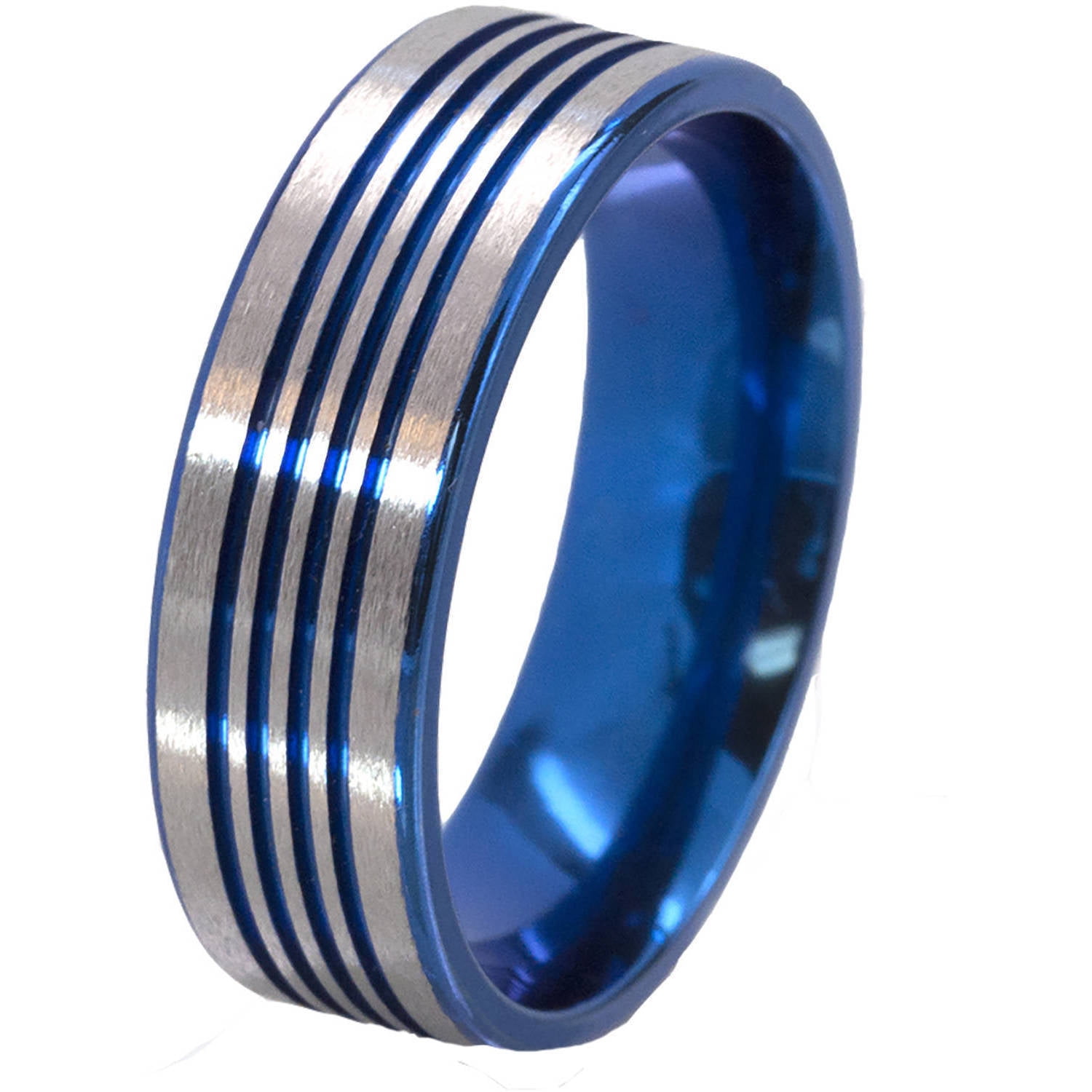 7mm Flat Titanium Ring with 4 Grooves Anodized in Blue