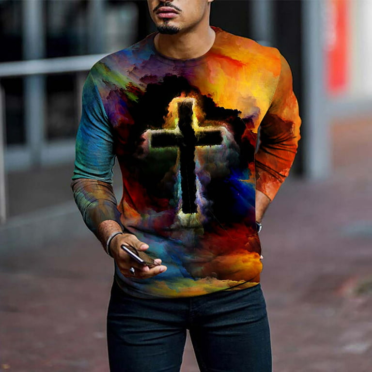 Mens Tops Fashion Hip Hop Long Sleeve Cross Jesus Faith Graphic T-Shirt  Casual Colorful Tie Dye Pullover Top All Over Print Tee Shirts