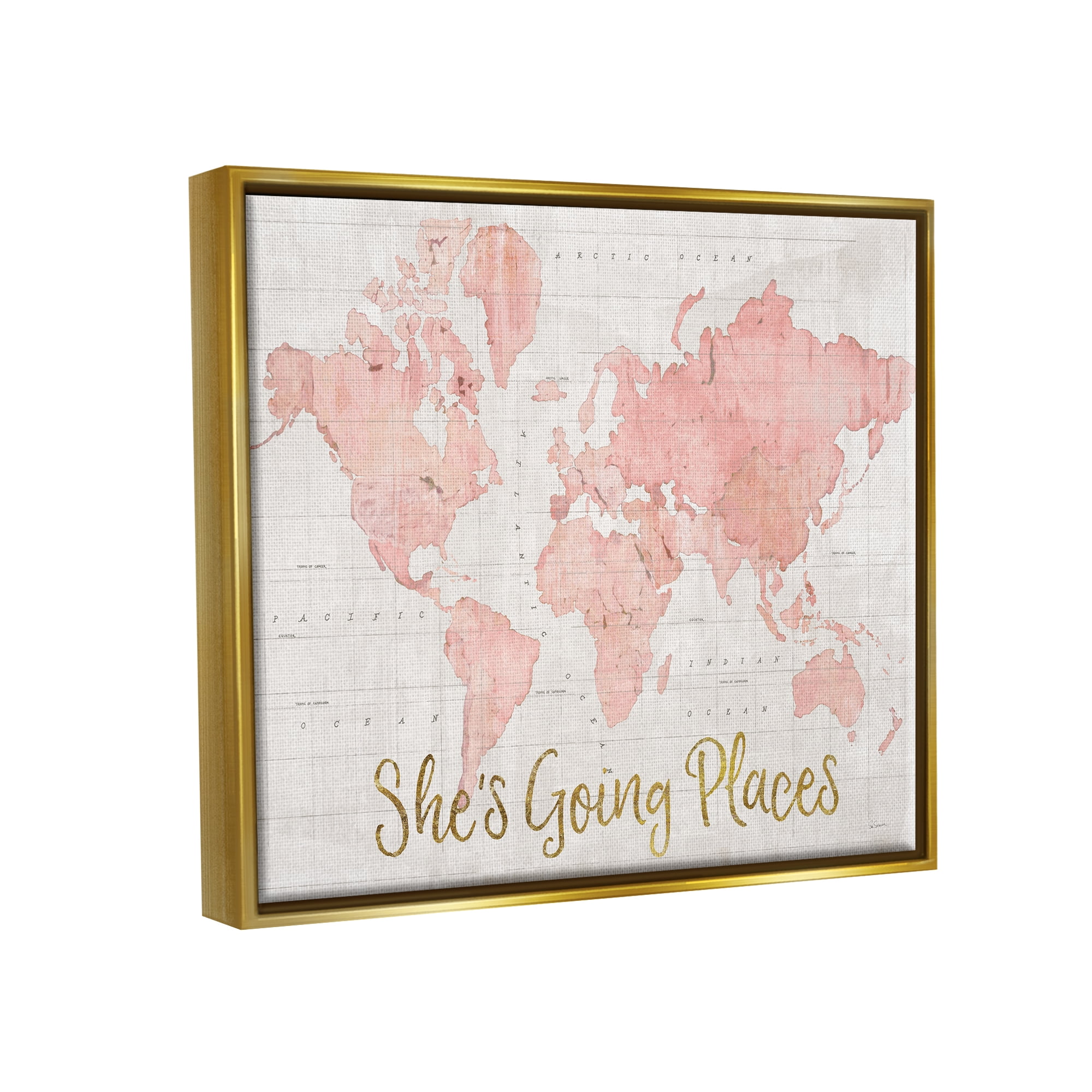 Stupell Industries She's Going Places Quote Pink Watercolor World Map Metallic Gold Framed Floating Canvas Wall Art, 24x30, by Sue Schlabach