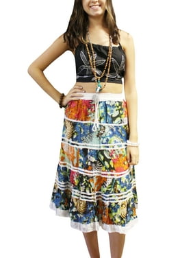 Mogul Women's Bohochic Colorful Midi Skirt Cotton Tiered A-Line Gypsy Hippy Skirts SML