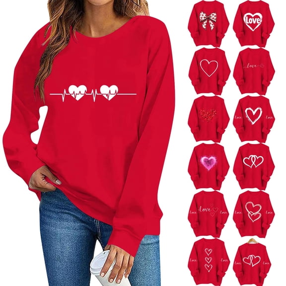 Dgankt Plus Size Clothes for Women Women's Printed Sweatshirt - Long Sleeve Crew Neck Casual Oversized Vintage Heart Pattern Pullover XS-3XL
