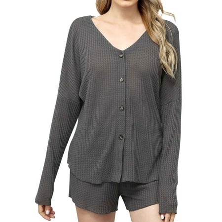 

Nlife Women Buttons Down V Neck Long Sleeve Homewear Pajama Set