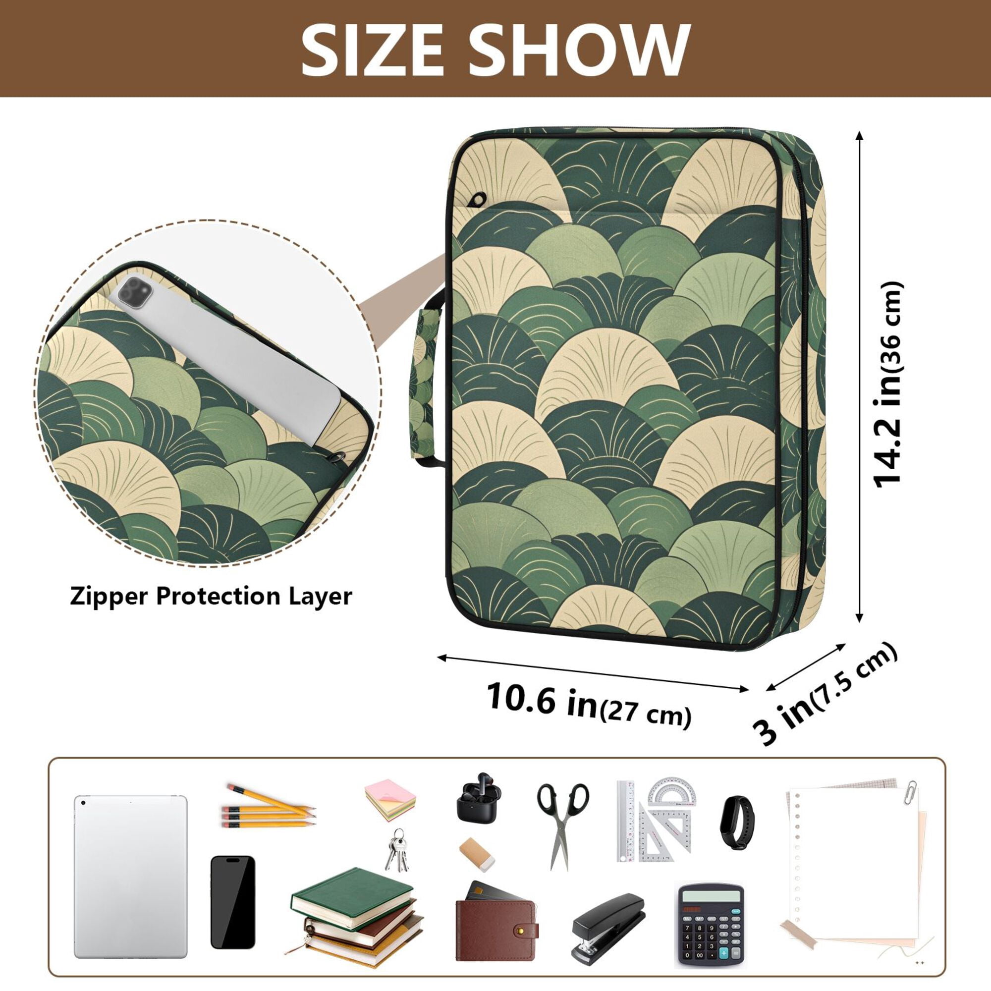 FORMRS Accordion File Folder A4 Size 7-Pocket Expanding Document Organizer Bag with 3 Ring Binder, Green Abstract Shapes
