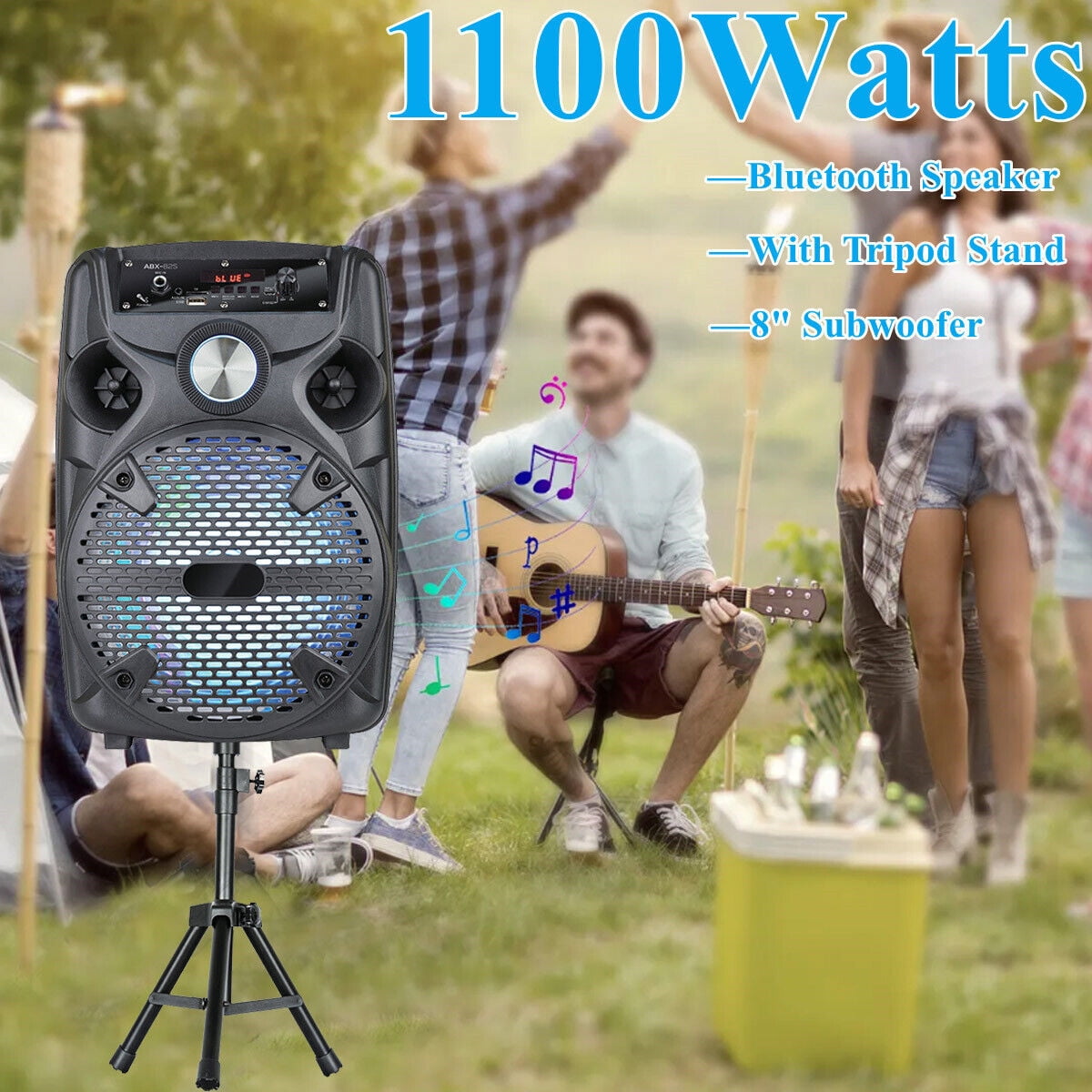 1100W 8" Portable Party Bluetooth Speaker with Tripod Stand Woofer Heavy Bass PA Party Sound System LED Mic AUX USB FM TF Wireless Speaker