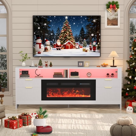70" Fireplace TV Stand with Large Storage Cabinets, Electric Fireplace TV Stand for Living Room with LED Lights, Modern TV Console Cabinet & Media Entertainment Center with Fireplace