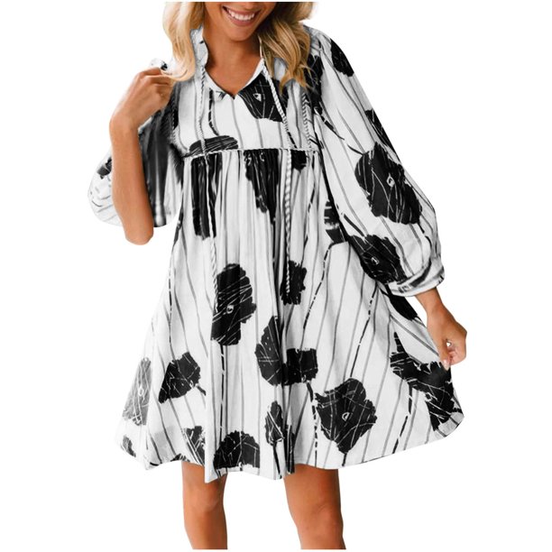 Vestido de Manga Corta para las Mujeres, V-Cuello Impresión Empalme Encaje Hasta Vestido Suelto, Moda Casual Midi