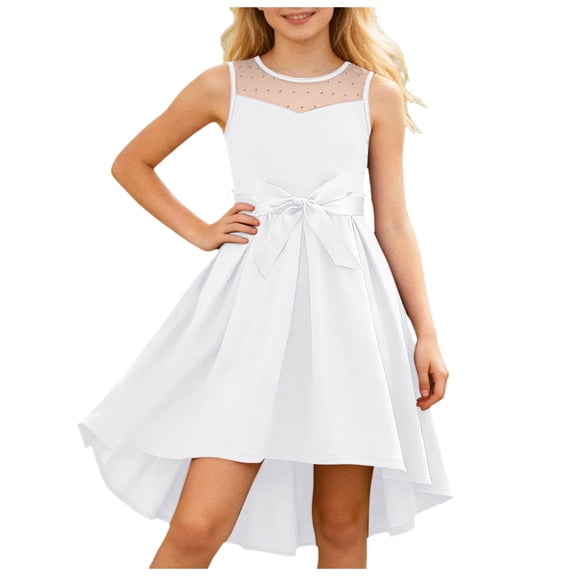 WUANDIXFA Girls Mesh Summer Dress Sleeveless Crewneck Bow Tie Waist Asymmetric Buttom A Lined Swing Casual Dresses 5 to 13Y (White, 9-10 Years)