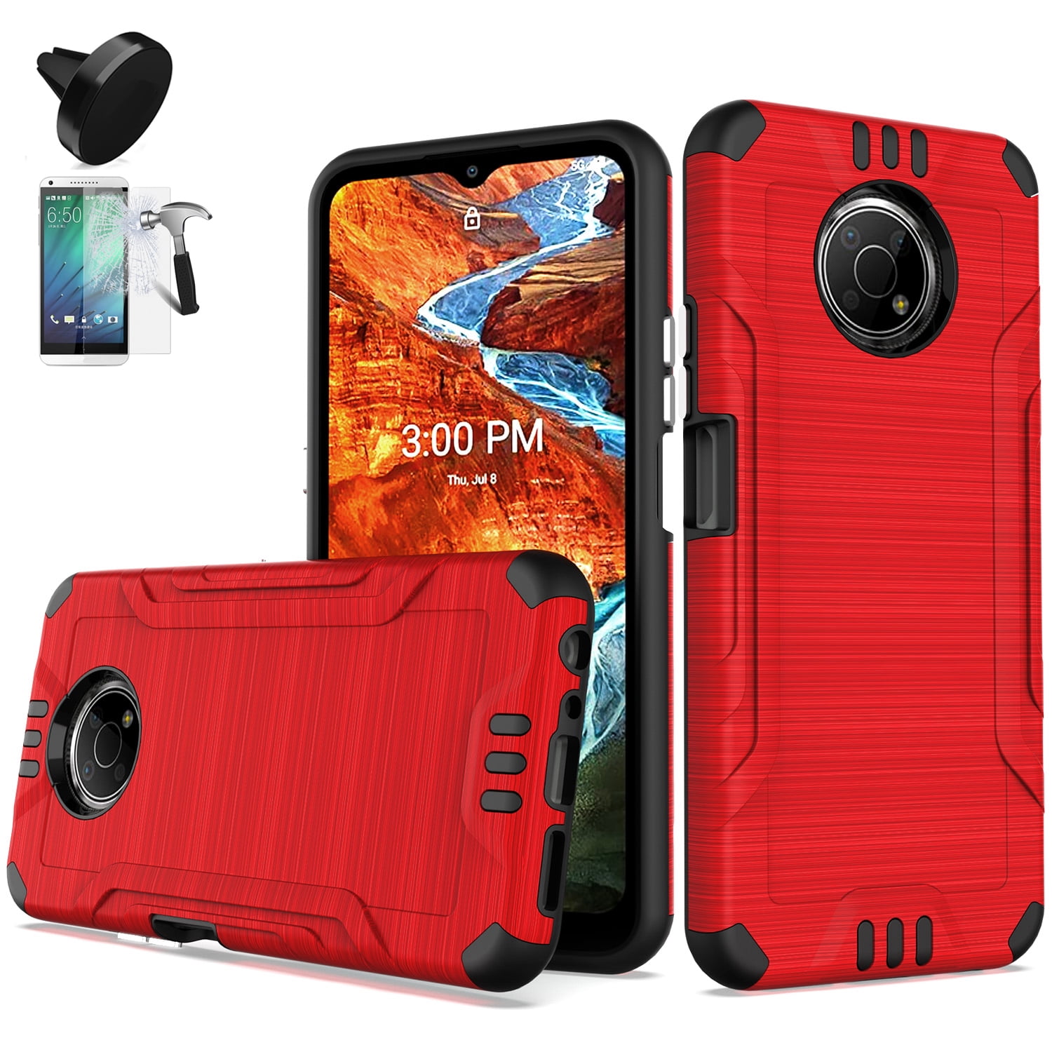 Phone Case for Nokia G300 5G / Nokia N1374DL Car Mount / G300-5G Screen Protector /Brush Shock Absorbing Case (Combat Red +Tempered Glass +Car Mount)