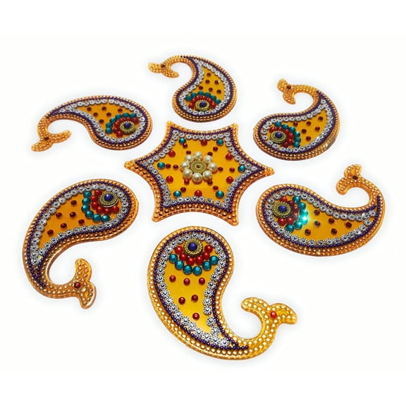 FineArt Handcrafted Decorative Diwali Rangoli Set - Multicolor Jewel Stone/Kundan Decorations On Yellow Acrylic Base - 7 Piece Set Attractive kundan Rangoli