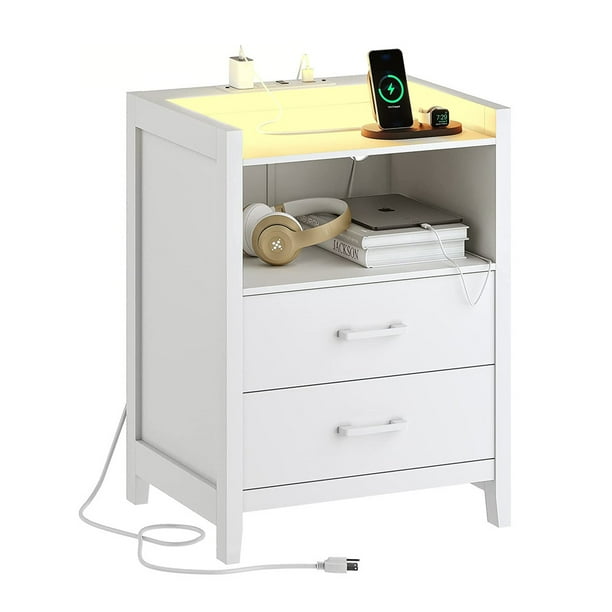 Modern Bedside Table for Bedroom,White Nightstand with LED Lights and