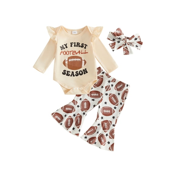 Loicainy Infant Baby Girl football Outfits 3 6 12 18 Months Long Sleeve Romper Football Flare Pants Headband Clothes Set