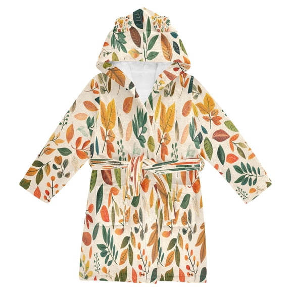 FORMRS Niños Bathrobe Unisex Hooded Robe Soft Plush Pajamas Sleepwear, Size 2-3T, Beige Retro Leaves