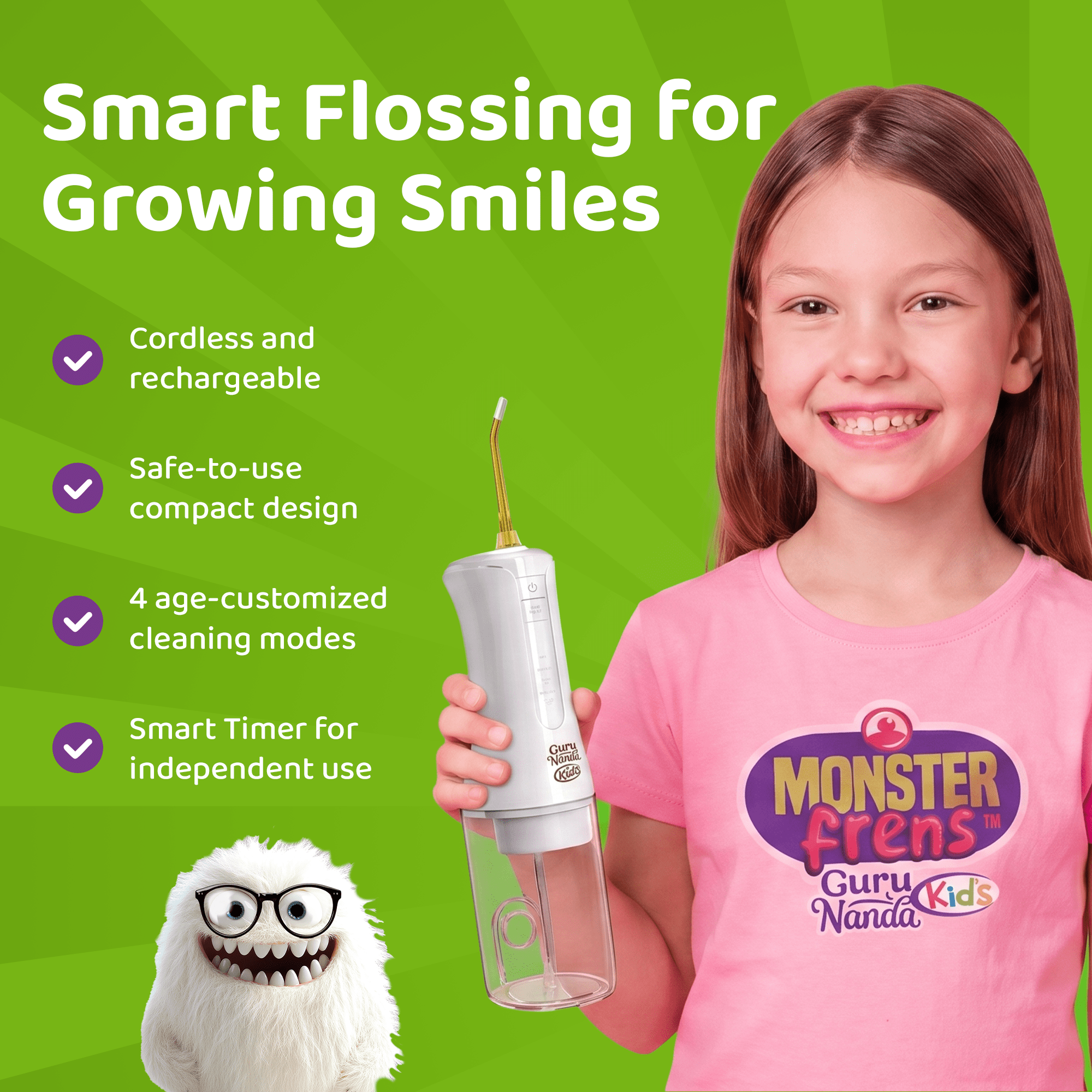 GuruNanda Kids Water Dental Flosser, 4 Flossing Modes, Smart Timer, 200 mL, White