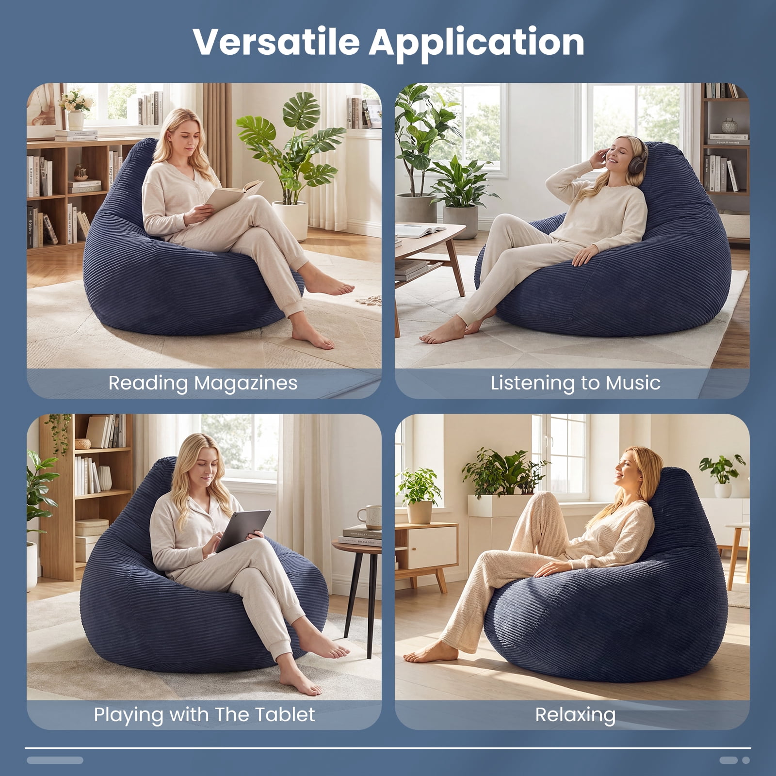 Costway Bean Bag Chair for Adults with Skin-friendly Corduroy Cover & Soft Sponge Filling Blue