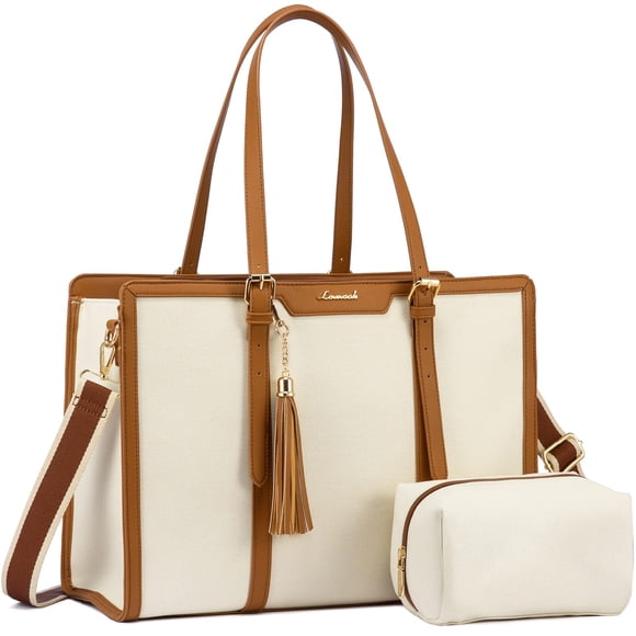 Bolsa para portátil LOVEVOOK para mujer, de lona de 15,6 pulgadas con bolso de mano, color beige
