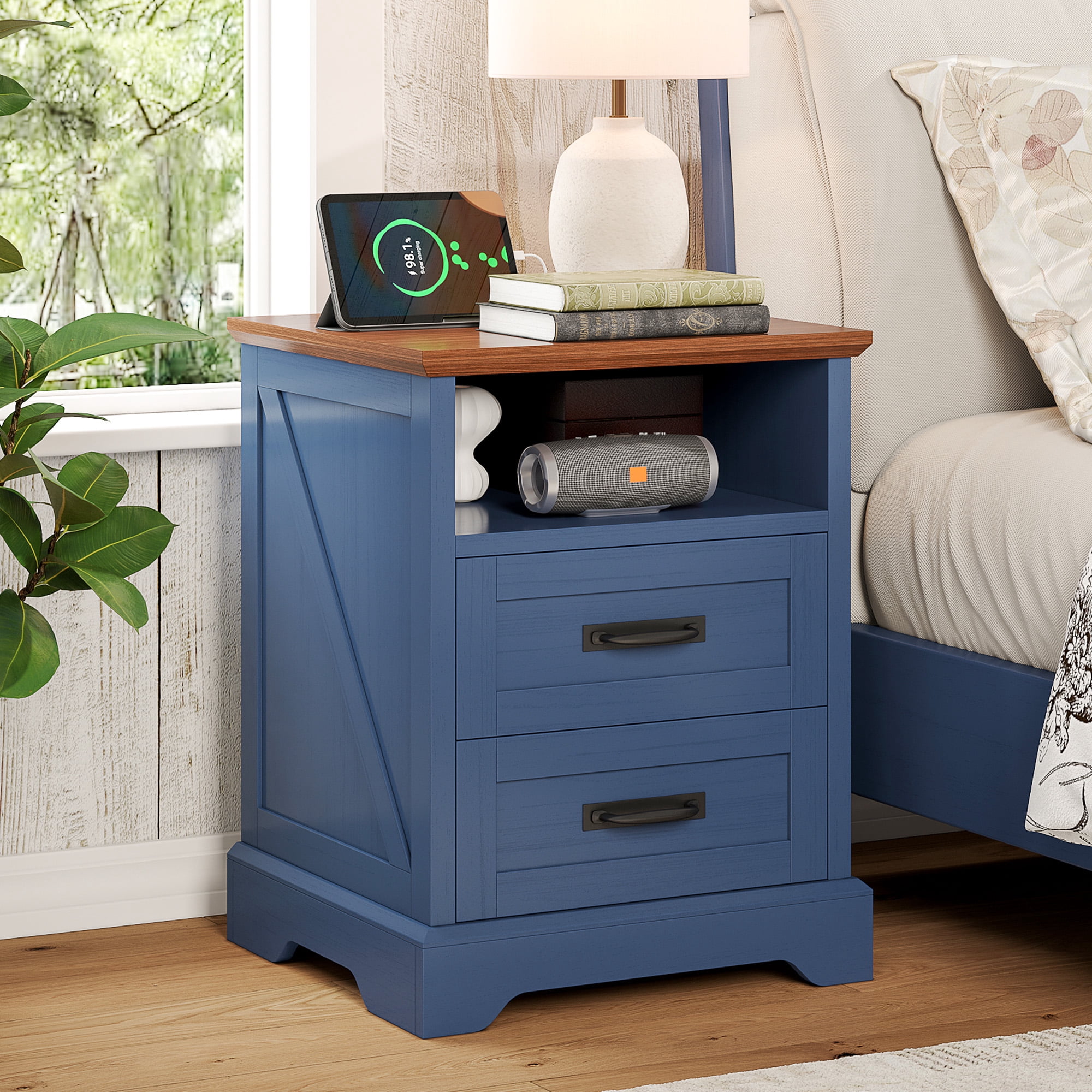 Farmhouse Nightstand Set of 2, 18 inch End Table with Charging Station for Bedroom, Living Room, Blue