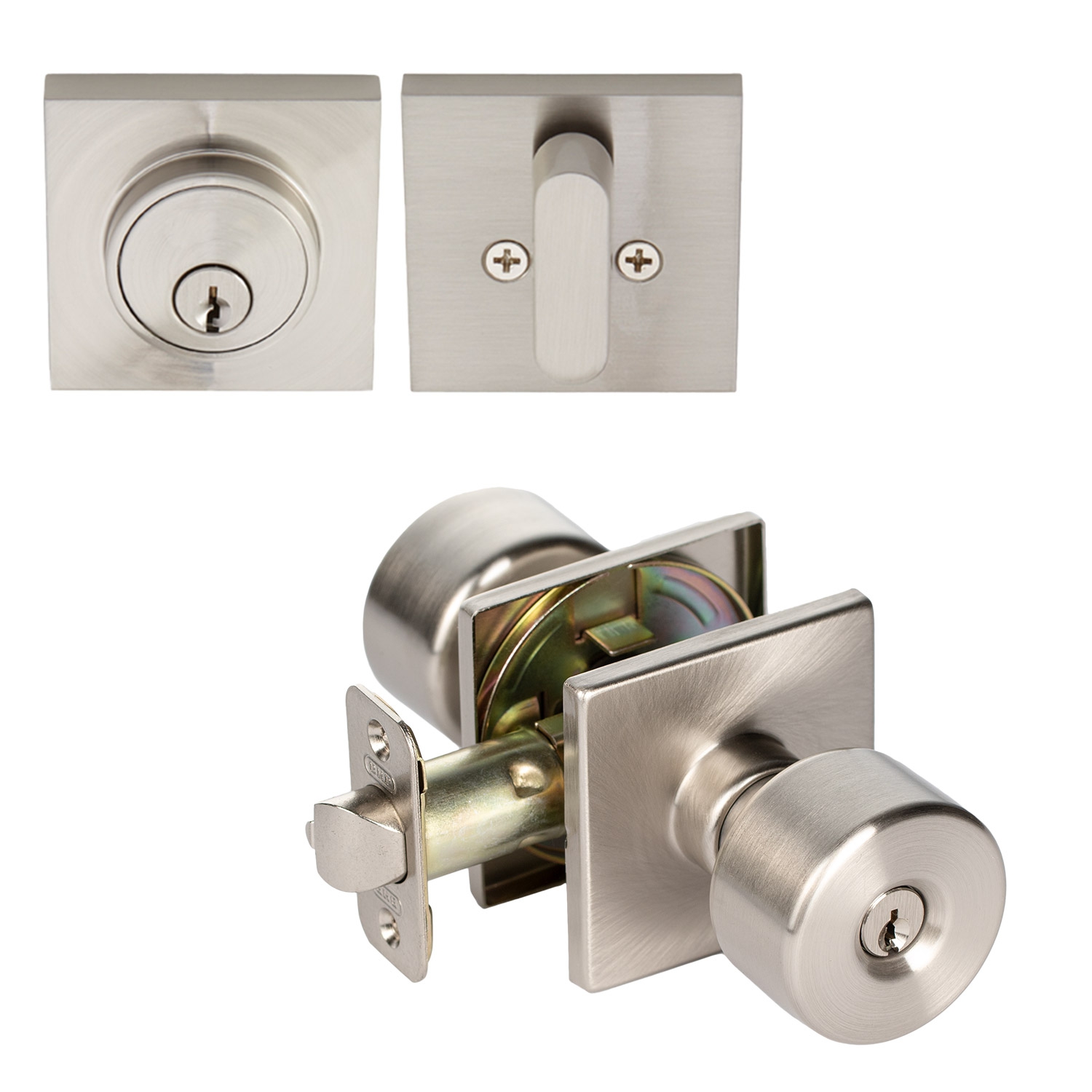 Satin Nickel Flat Keyed Entry Door Knob / Deadbolt Combo Pack with Square Rose - image 1 of 4