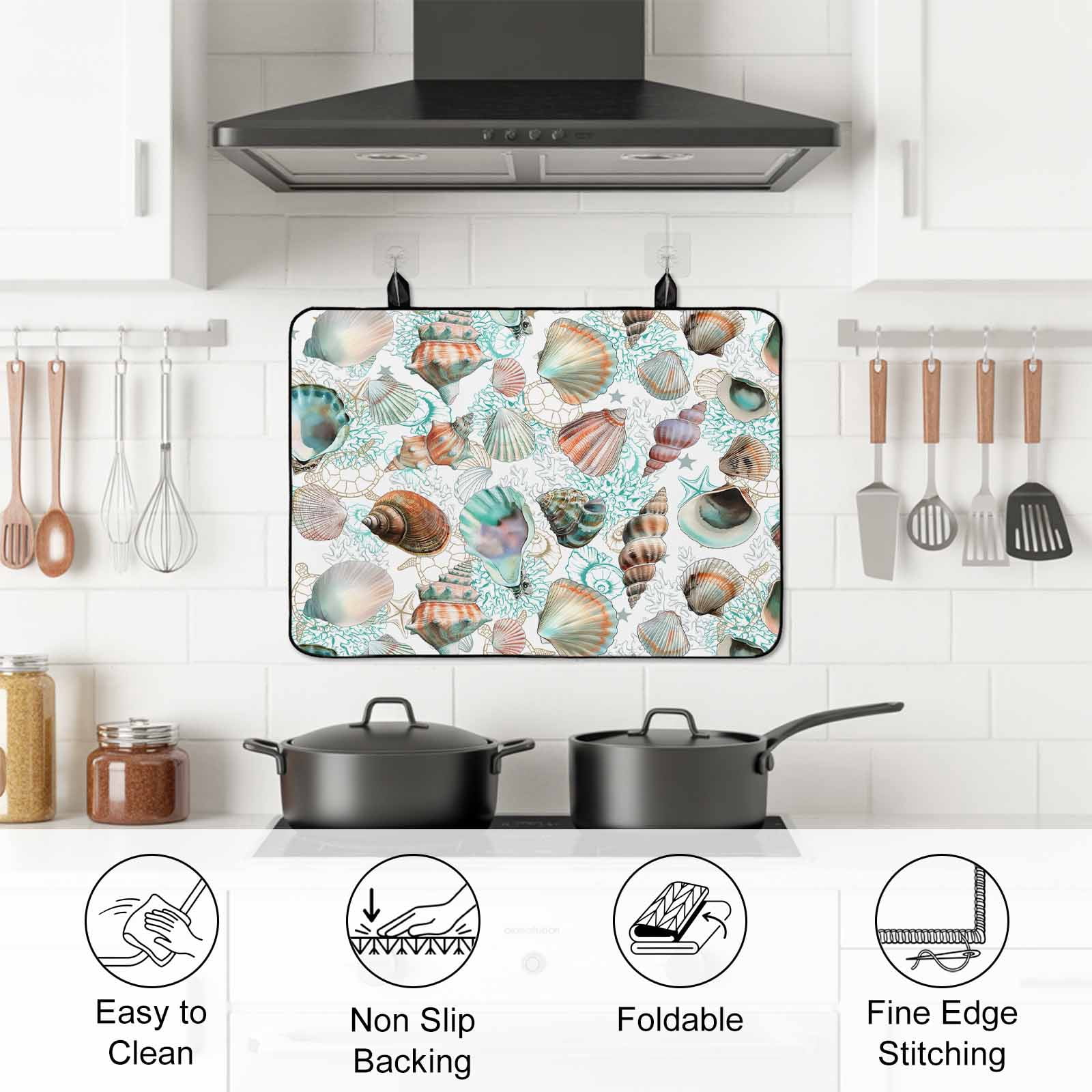 Teal Coastal Stove Top Cover for Electric Stove, Heat-proof & Non Slip Glass Top Stove Cover Protector, Summer Beach Conch Shell Nautical Ocean Kitchen Flat Cooktop Rubber Mat 24x21 Inches