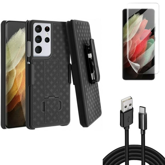 Matte Screen Protector & 10ft USB Cable & Case Belt Clip for Samsung Galaxy S21 Ultra Phone - TPU Film Anti-Glare & Type-C Charger Cord & Holster Swivel Accessory Bundle