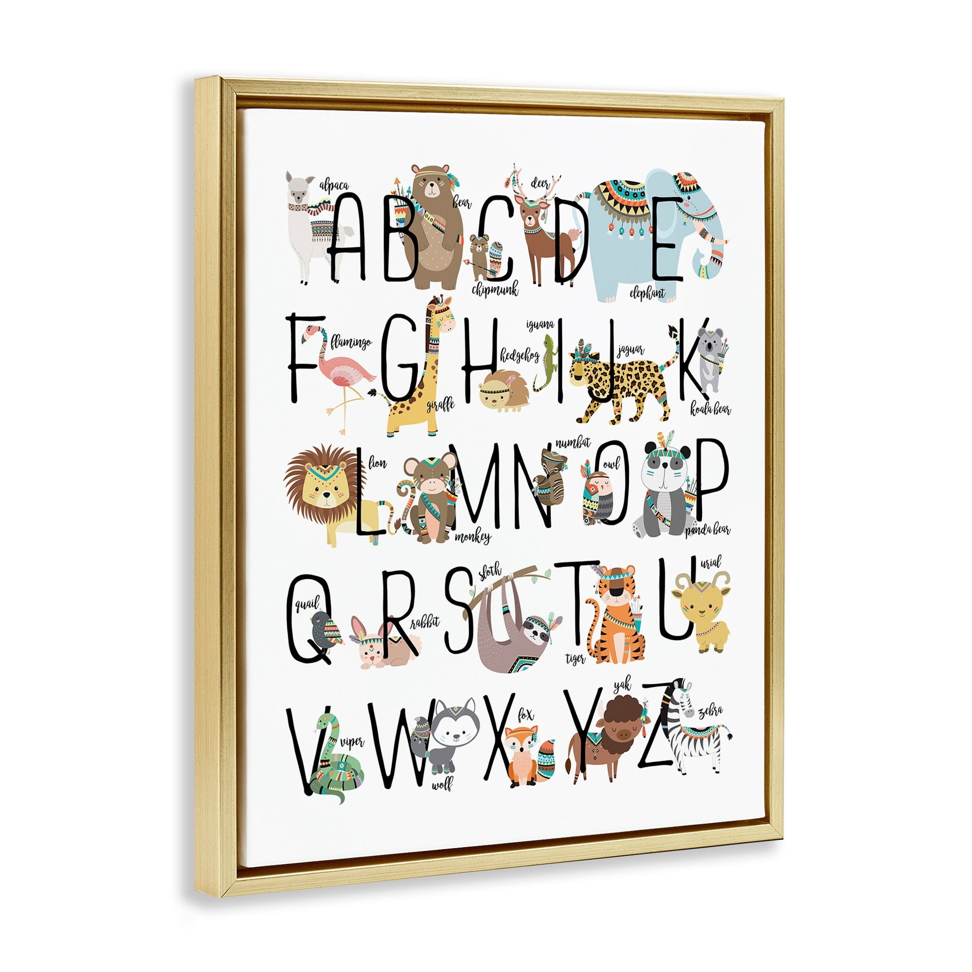 Stupell Industries Boho Animal ABCs Metallic Gold Framed Floating Canvas Wall Art, 16x20, by Erica Billups