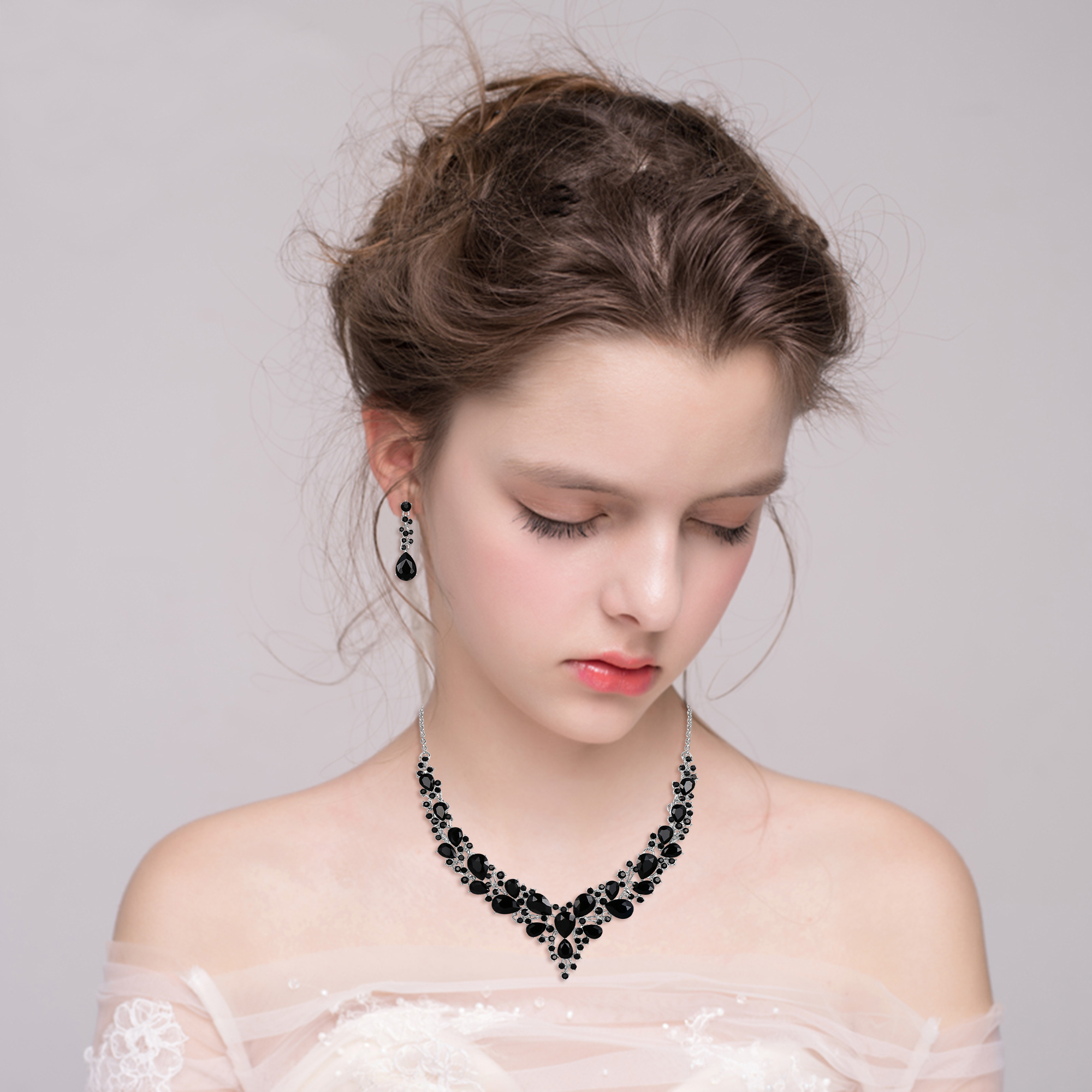 Wedure Wedding Bridal Necklace Earrings Jewelry Set for Women, Austrian Crystal Teardrop Cluster Statement Necklace Dangle Earrings Set Black Silver-Tone - image 2 of 5