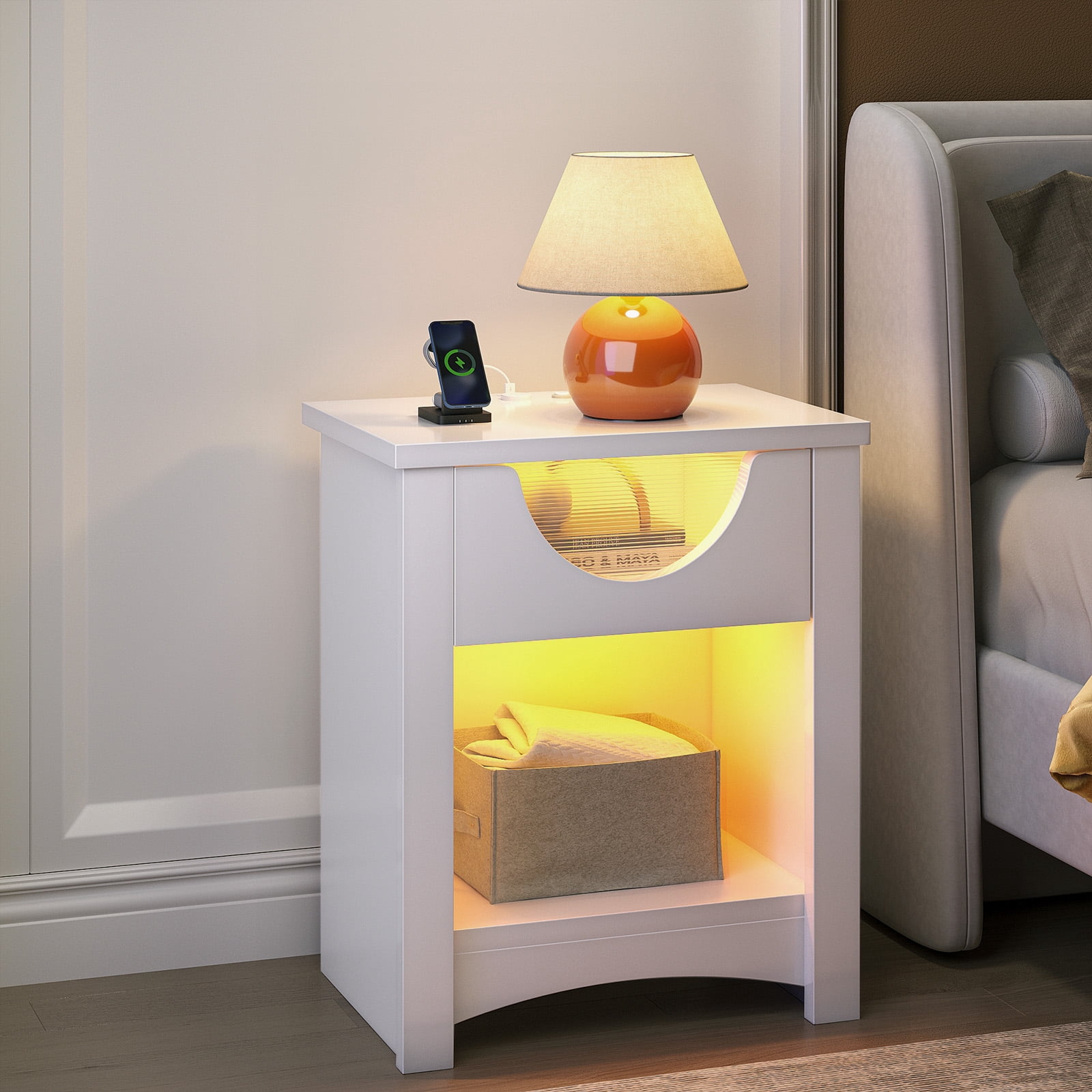 Bestier Modern White Nightstand with Charging Station, LED Light, Drawer – Bedroom & Living Room End Table