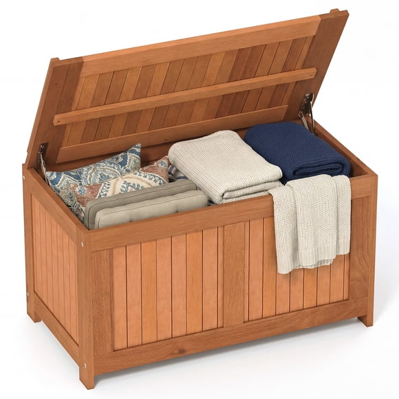 Costway 52 Gallon Wood Deck Box with Flip Top Teak Oil Finish Pool Supplies Cushions