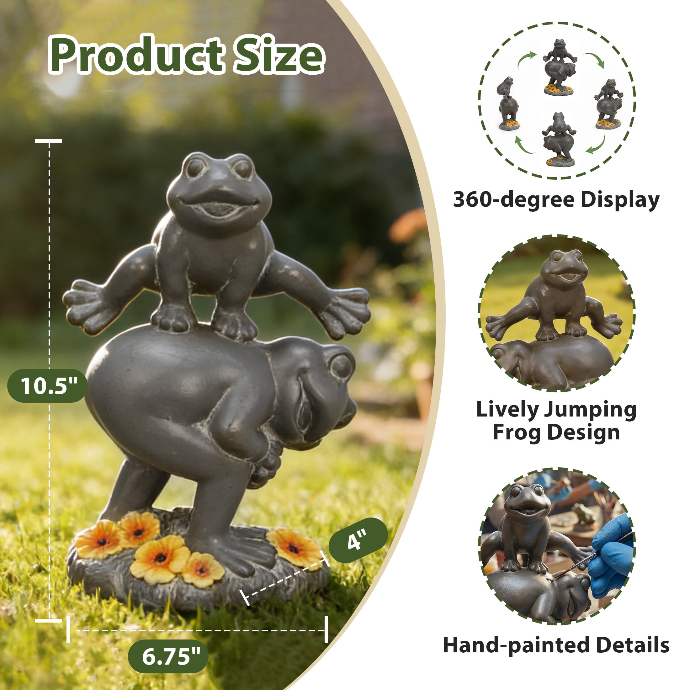 The Growing Ground Frog Garden Statue, Hand-Painted Jumping Frog Decor for Indoor & Outdoor Use, Yard, Lawn, Patio, Gray