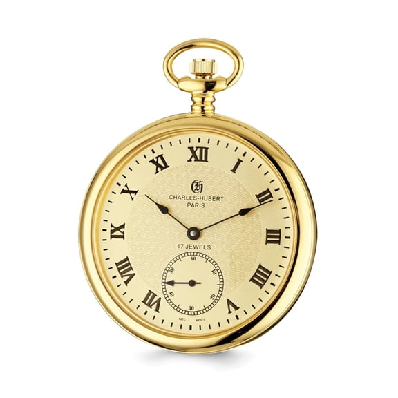 Charles Hubert IP-pltd Stnlss Stl Open Face Gold Dial Pocket Watch; for Adults and Teens; for Women and Men