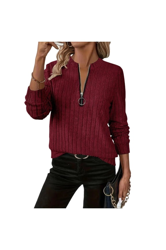 Sweaters for Women Solid Color Ribbed Zip Zipper Crewneck Jumpers Winter Ladies Sweater Warm Long Sleeve Red M