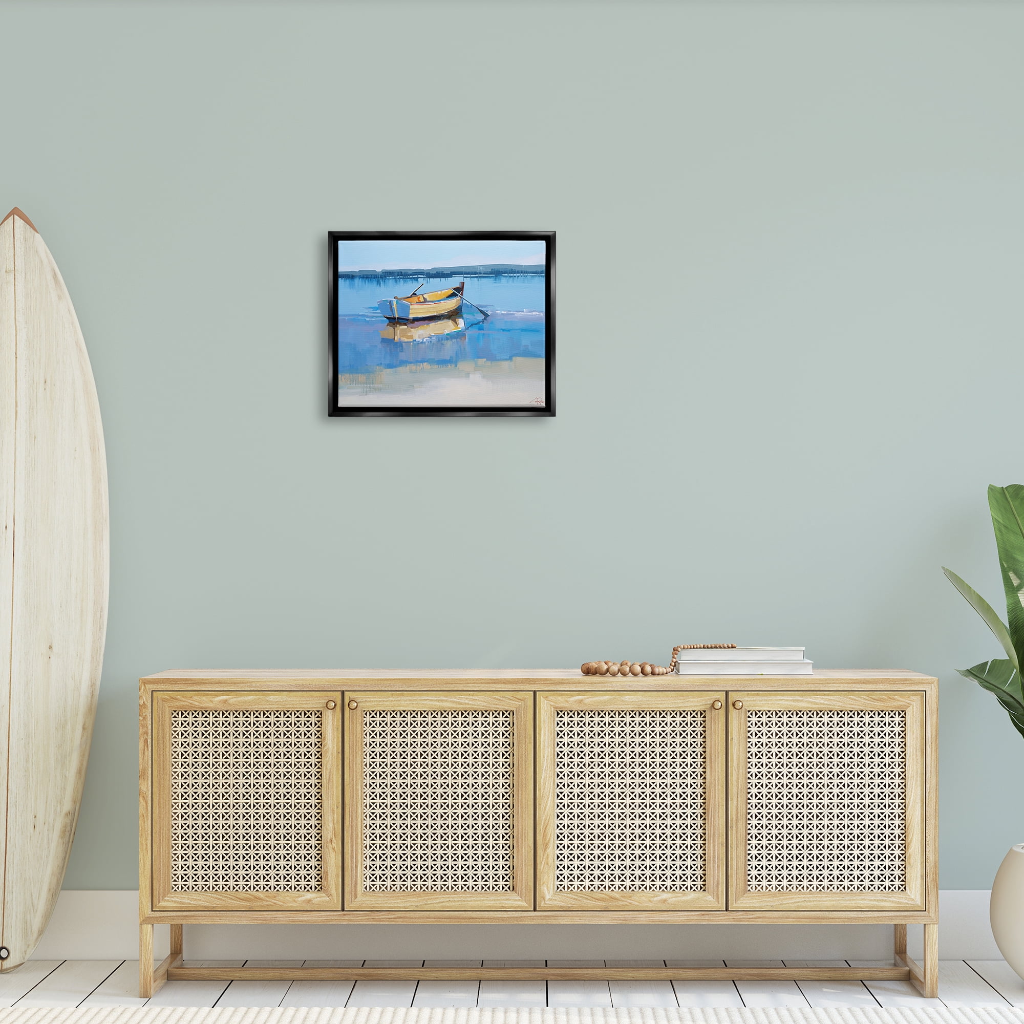 Stupell Industries Row Boat on Blue Coastal Shore Beach Landscape Jet Black Framed Floating Canvas Wall Art, 16x20, by Craig Trewin Penny