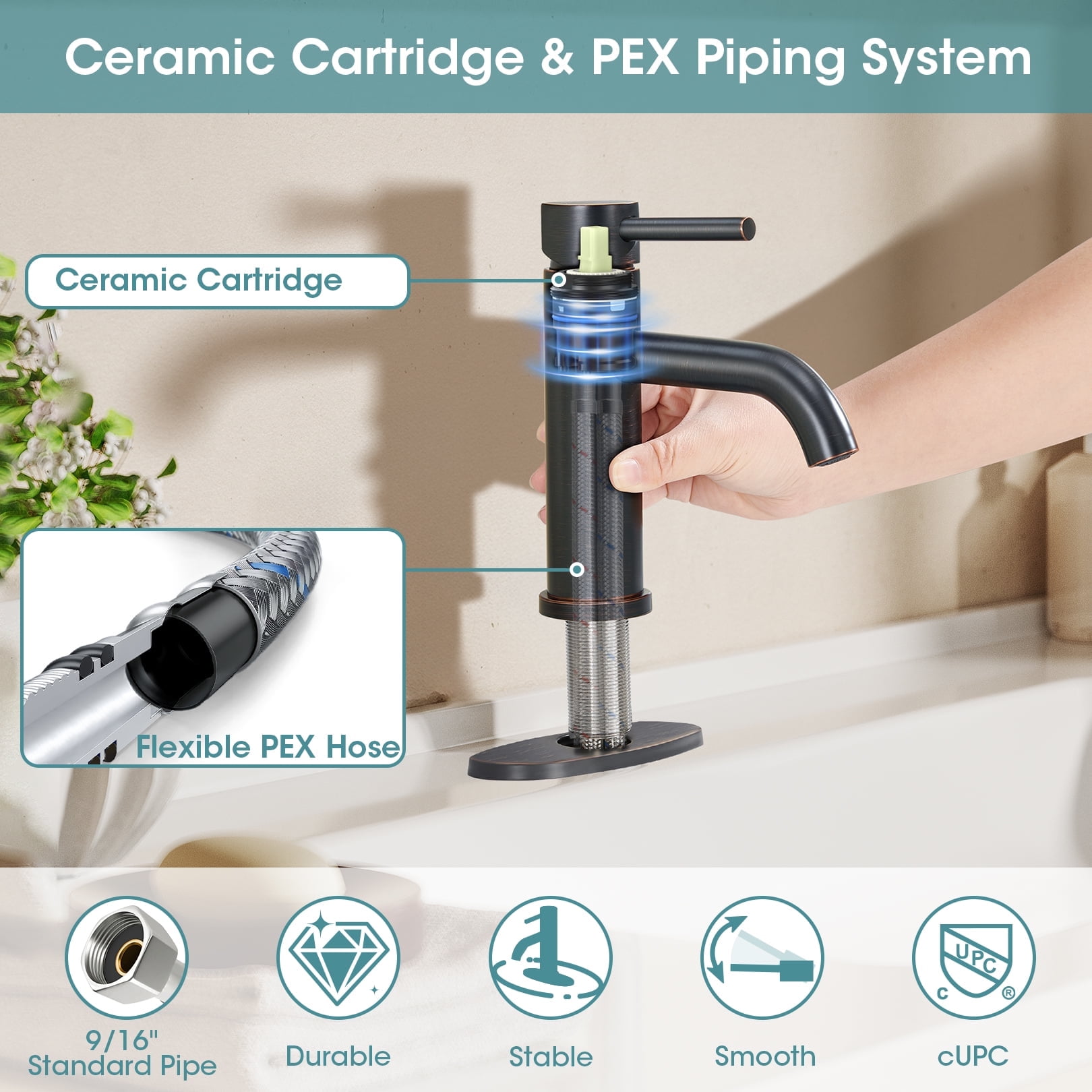 Wowkk Sanitary Ware Bathroom Faucets Stainless Steel Single Handle Bathroom Sink Faucet with Pop up Drain and PEX Encrypted Hose, Modern Bathroom Faucets for Sink 1 or 3 Holes, Oil Rubbed Bronze