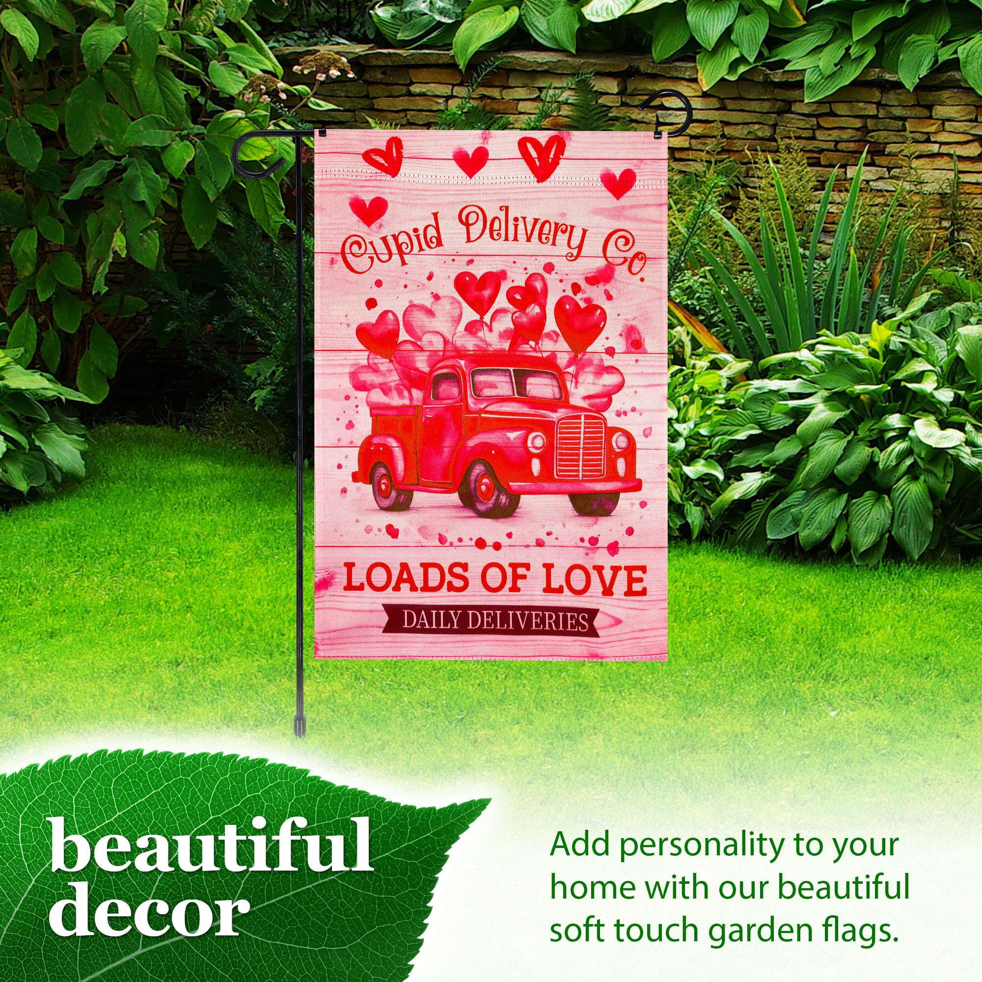 G128 Combo Pack Garden Flag Stand Black 36x16IN & Garden Flag Valentine’s Day Cupid Delivery Truck Printed 12x18IN Double Sided Yard Garden Lawn Decoration