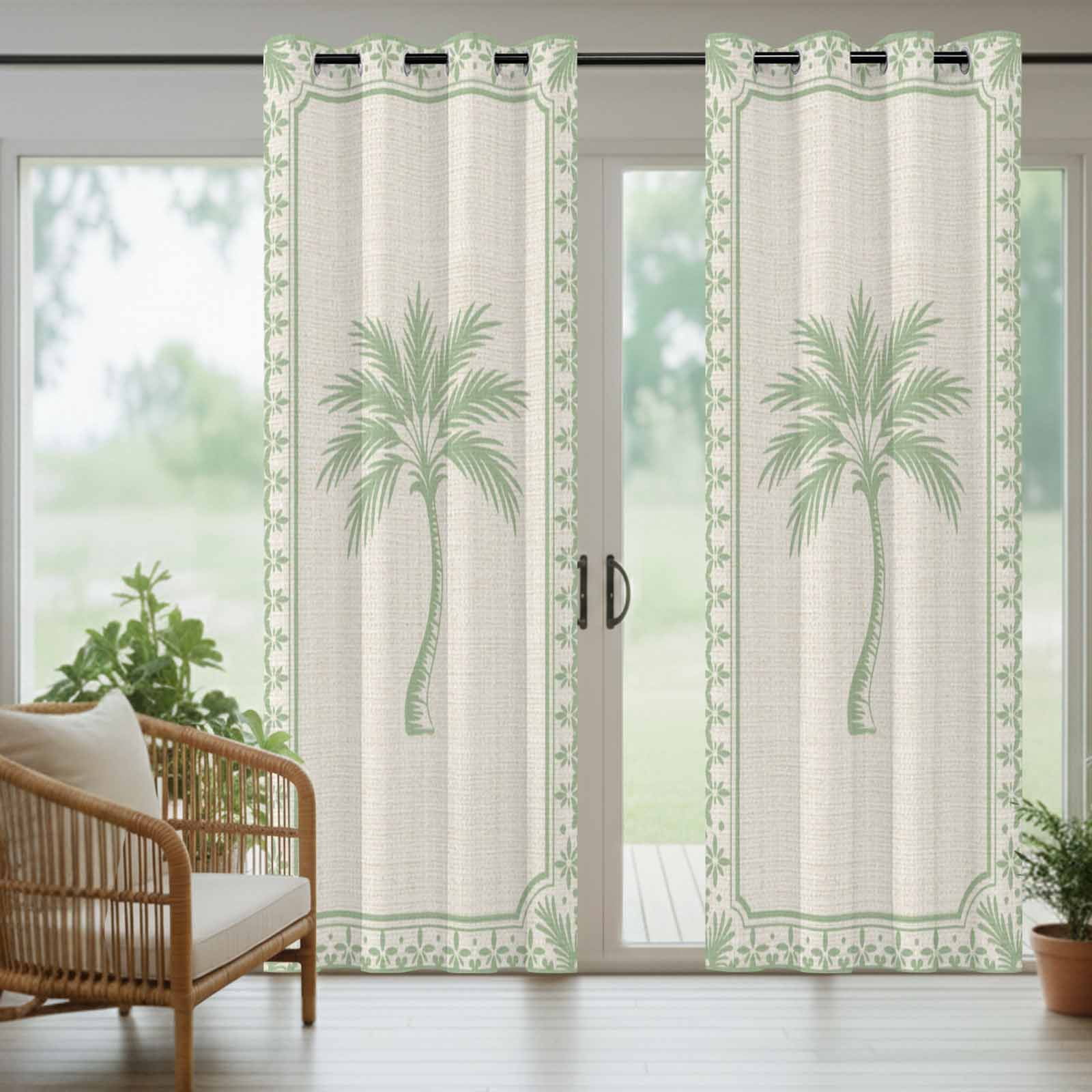 Palm Tree Outdoor Curtains for Patio, Coastal Tropical Green Palm Tree Border Linen Sunshade Privacy Drapes Grommet Waterproof Outside Curtains for Porch/Cabana/Balcony 54"x 108", 2 Panel