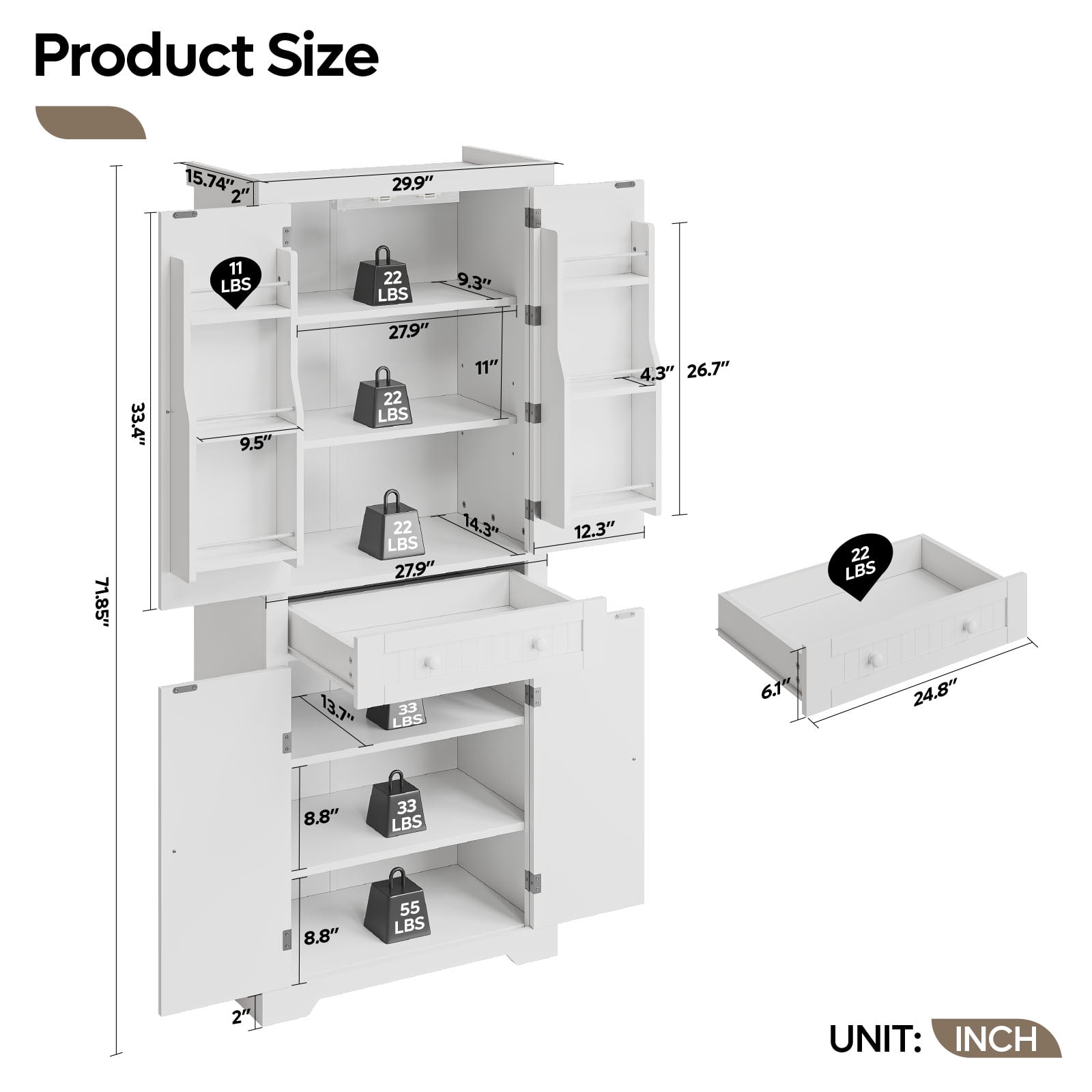 Bestier 72" Tall Kitchen Pantry Storage Cabinet with Doors and Shelves, Food Pantry Cabinet with Motion Sensor Light, White