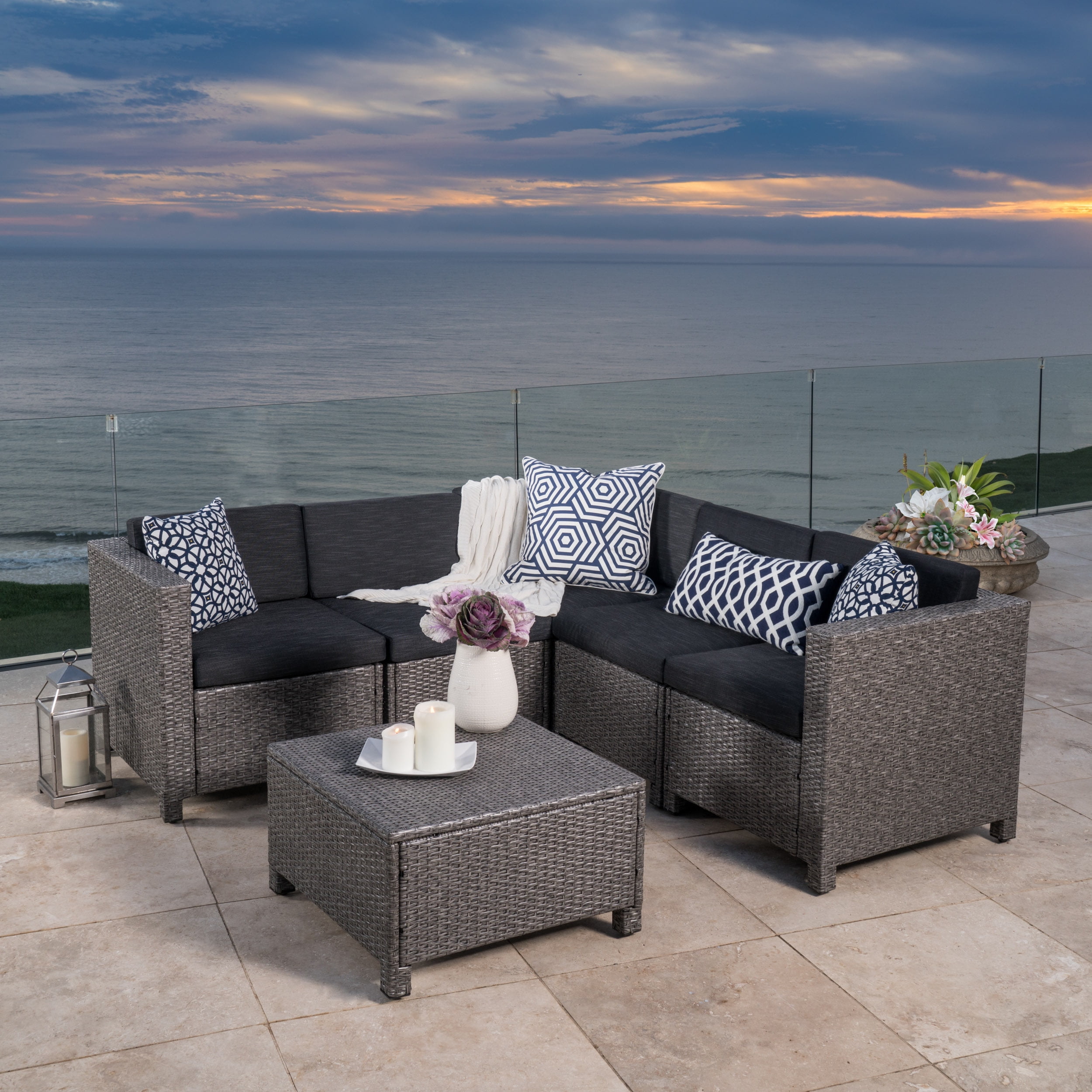 Cascada Outdoor Wicker V-Shaped Sectional Sofa Set with Cushions, Dark