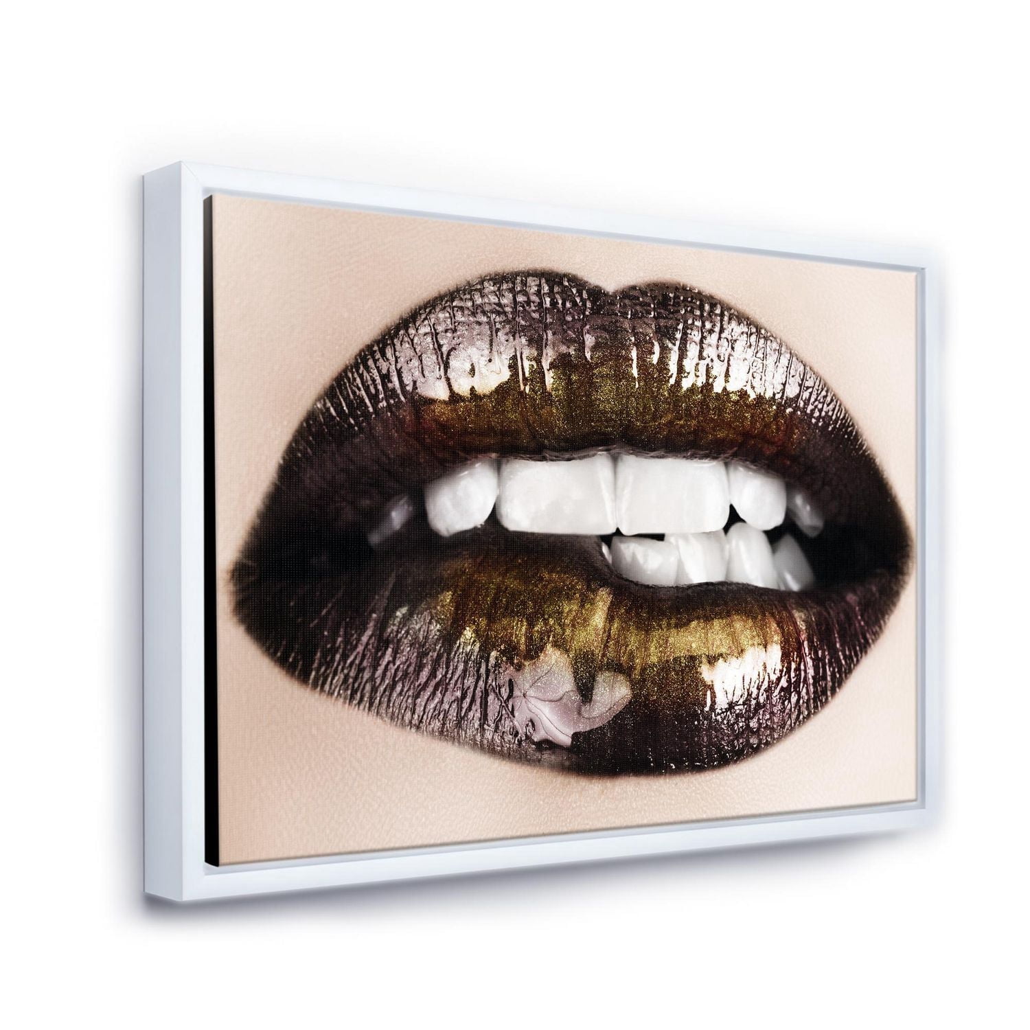 Designart Black Gold Lips Biting FLOAT FRAME WALL ART