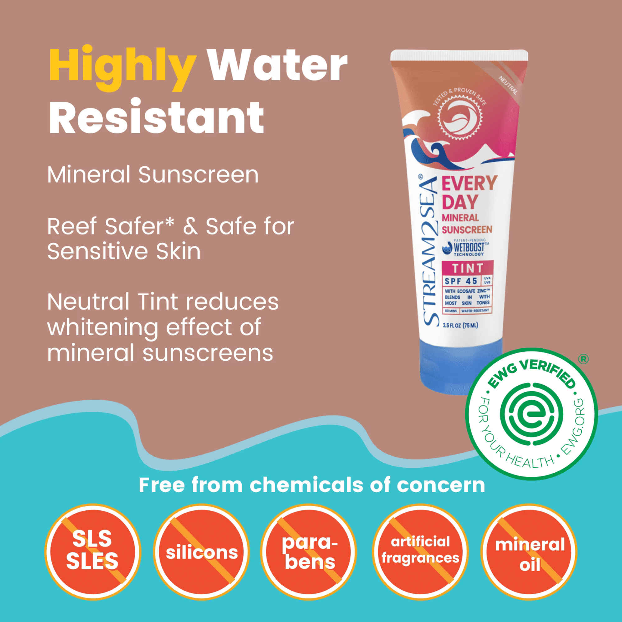 Stream2Sea SPF 45 Tinted Mineral Sunscreen, Paraben Free, Coral Reef Safe Sunscreen - 2.5 fl oz
