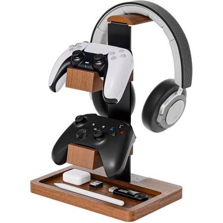 Controller Holder Solid Wood Headphone Stand for Desk Dual Gaming Controller Organizer Rack with Storage Base Fits Xbox PS4 PS5 Gamepad