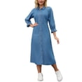 thumbnail image 2 of Vestido de mezclilla para mujer Inspire Chic, ajuste holgado, manga 3/4, con botones, midi, color azul, 2 of 6