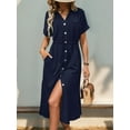 thumbnail image 6 of Women'S Solid Color Dress Summer Casual Short Sleeve Button V Neck Dresses Long Beach Shirt Dress with Pockets, 6 of 9
